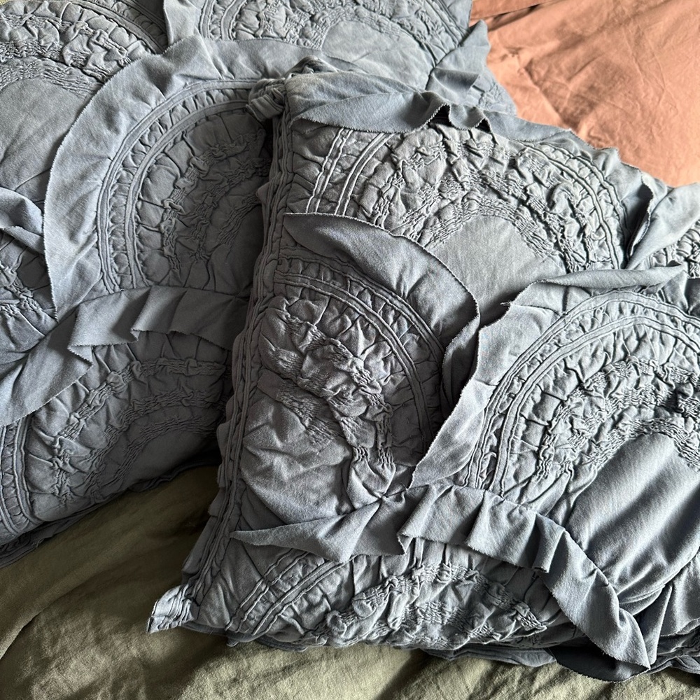 2 Anthropologie ‘Rivulets’ Ruffle Standard Pillow Shams in a dark Medallion Blue - Picture 10 of 16